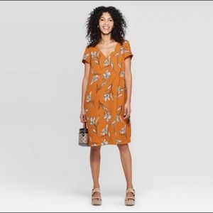 A New Day Floral Short Sleeve Shift Dress in Mustard Yellow